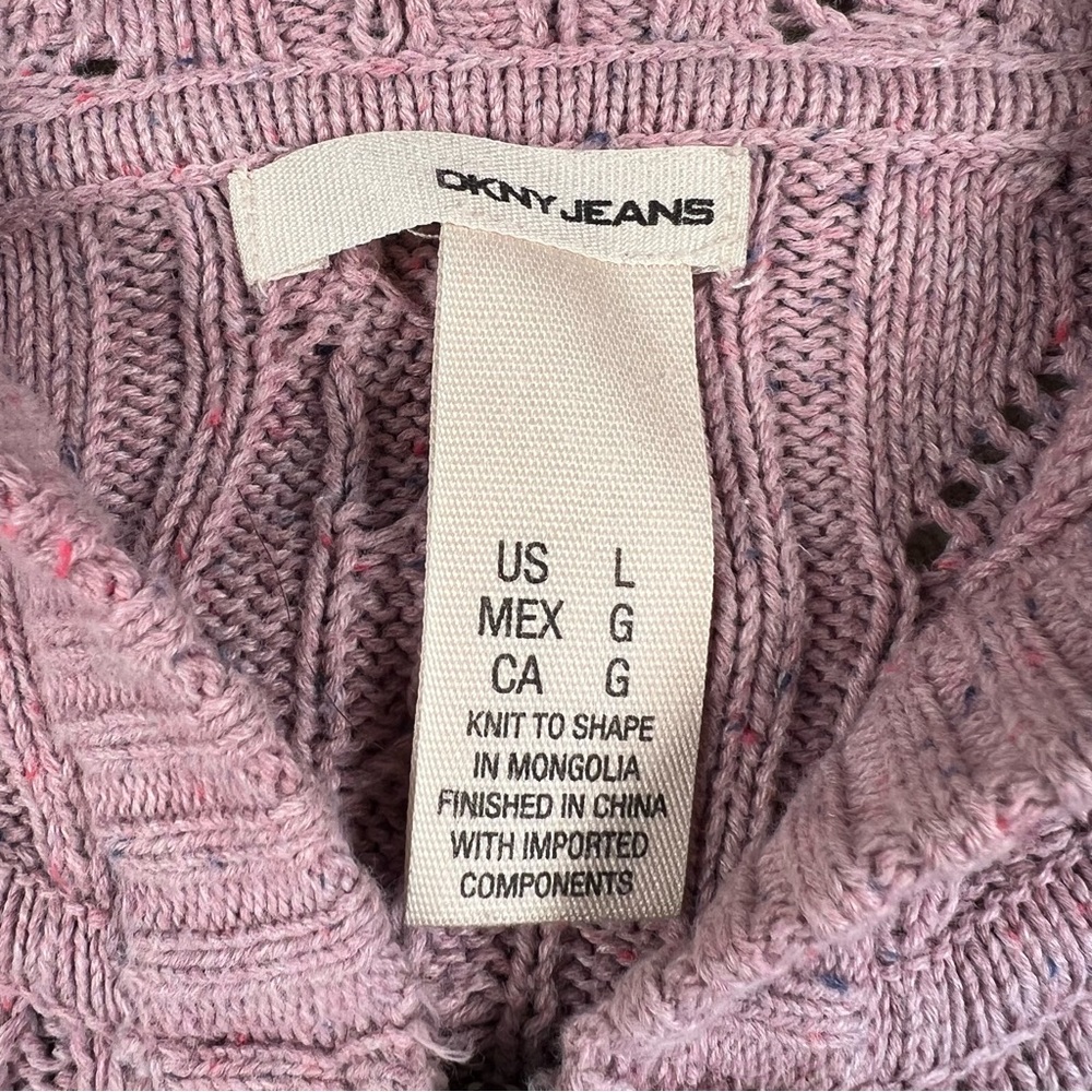 DKNY JEANS Y2K sweater pink cap sleeve cable knit zip up hooded Junior's Large - Picture 6 of 10